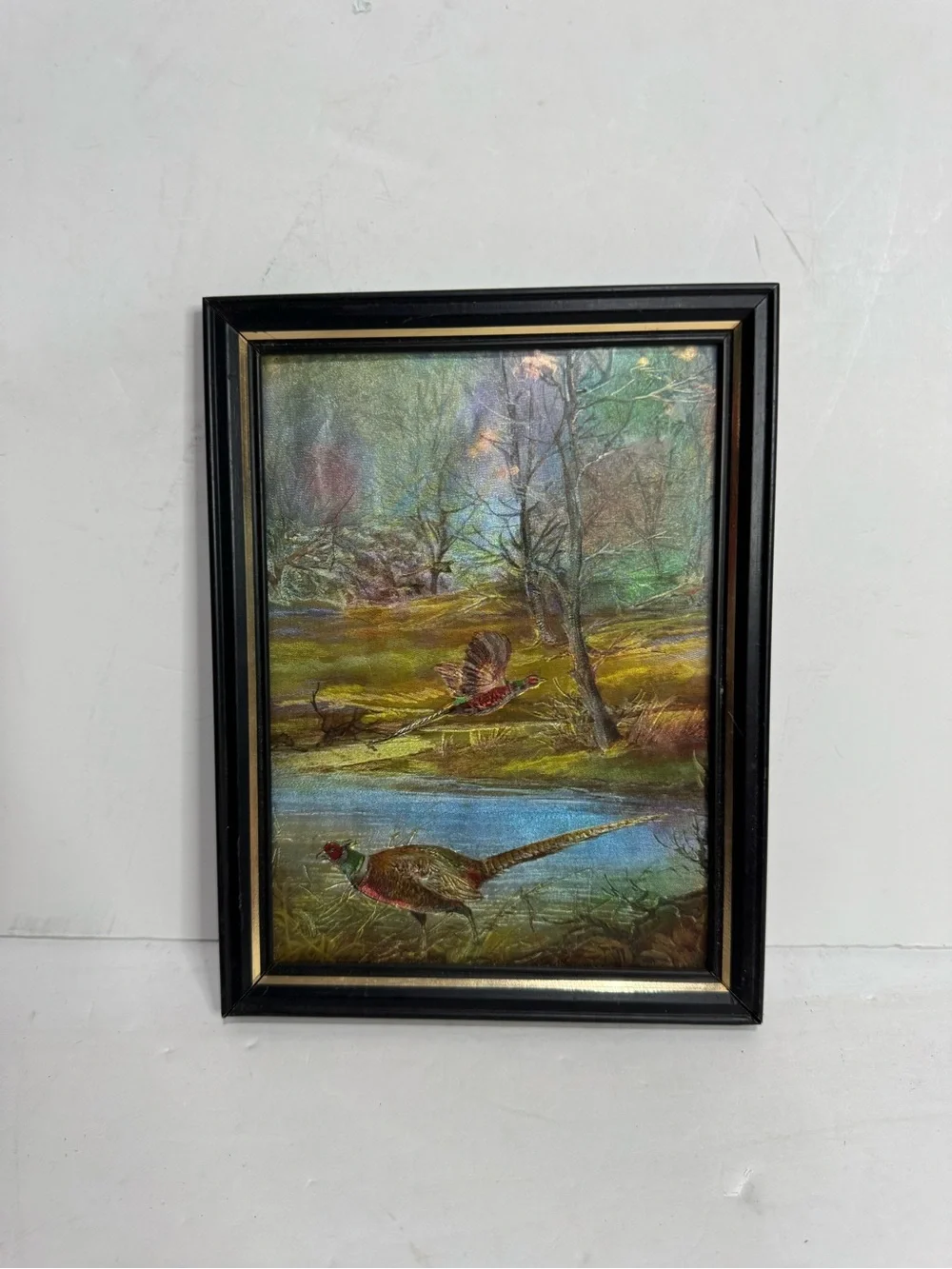 Vintage Framed Pheasants Foil Metallic Art Print Nature Wildlife Scene
